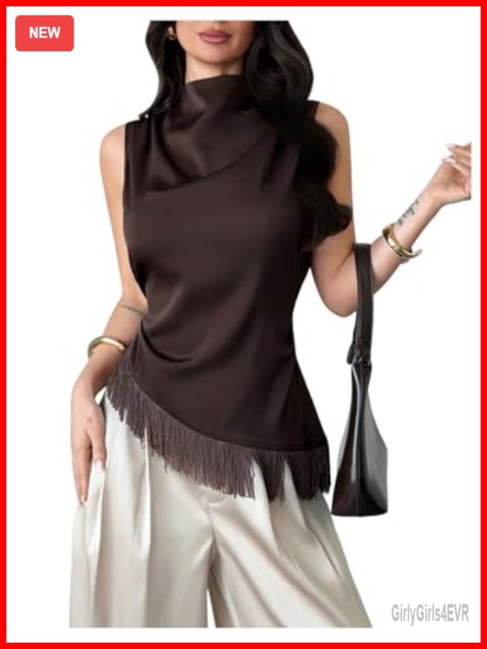 Satin Mock Neck Tank Top Sleeveless Fringe Business Blouse